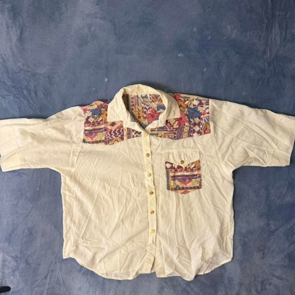 Vintage 90s Tapco white button up shirt with colorful patterned collar Size: L